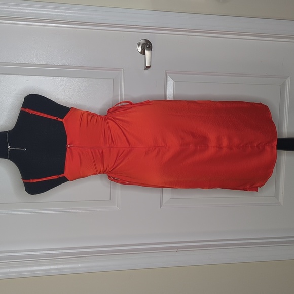 Christian Lacroix Square Neck Keyhole Satin Midi Dress Side Ties Orange Red XS - Picture 7 of 13